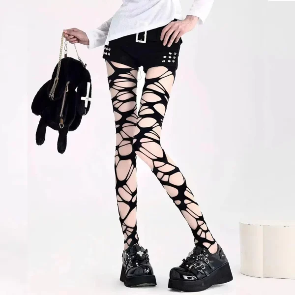 Sexy Black Ripped Fishnet Tights Women Gothic Punk Hollow Out Tight Mesh Pantyhose Stockings Leggings Emo Style Egirl Streetwear - Image 3