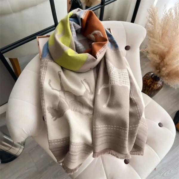 2024 Luxury Horse Print Scarf for Women Warmer Winter Cashmere Pashmina Scarves Shawls Female Thick Blanket Wraps Foulard - Image 5