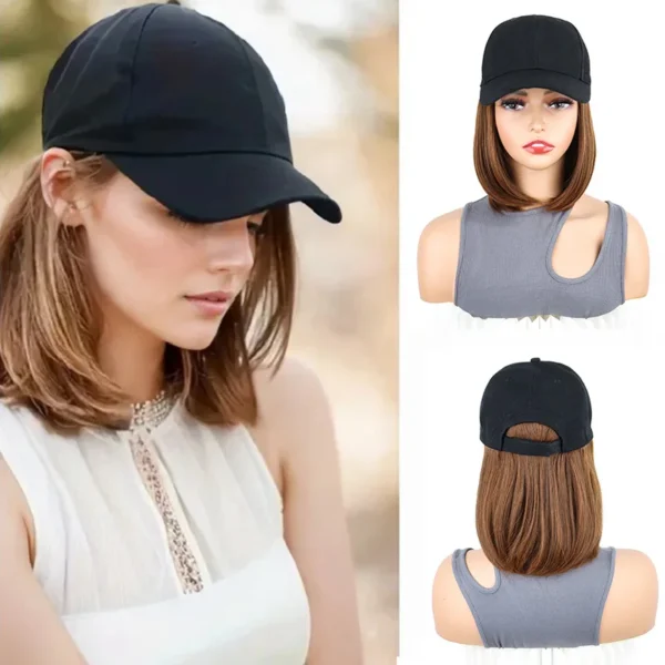 Synthetic Short Straight Bobo Hat Wigs Baseball Cap Adjustable Black Brown Hairpiece for Women - Image 1