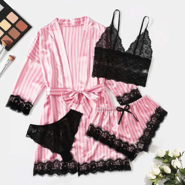 4pcs Women Striped Lingerie Set Lace Trim Robe Camisole Shorts Panties Nightwear Sleepwear Homewear Sexy Pajamas Outfit - Image 7