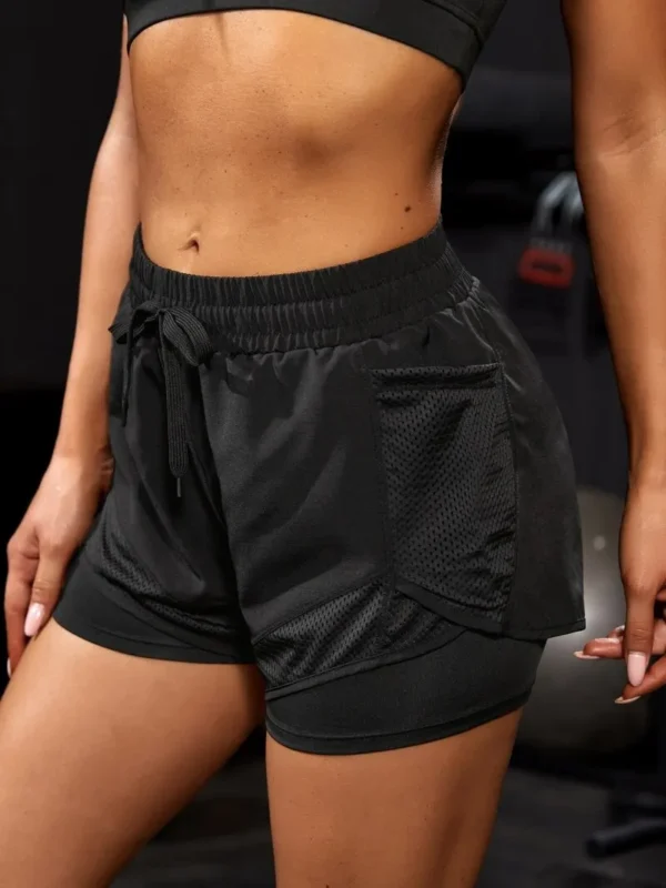 Women's Elastic Sports Shorts, Shorts With Pockets, Fake Two-Piece Yoga Leggings Running And Training - Image 3