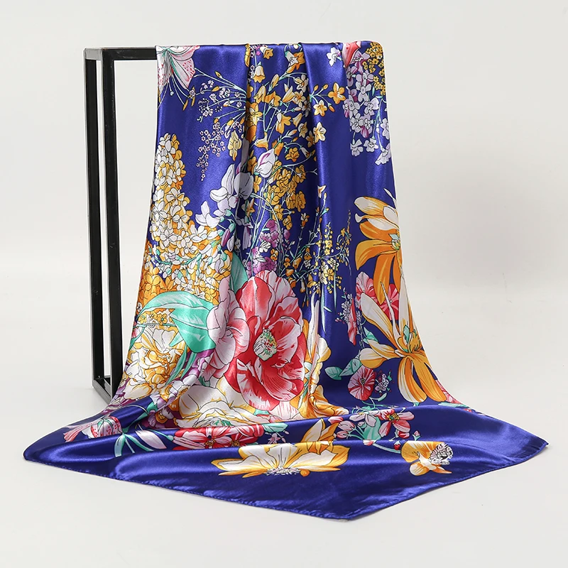 kf-S426bef6a6c7548939932ad7c98784e8cu Women Spring Summer Square Scarf 90*90cm Satin Silk Scarves Headscarf Female Foulard Beach Bandana Ladies Neckerchief Hair band - Image 1