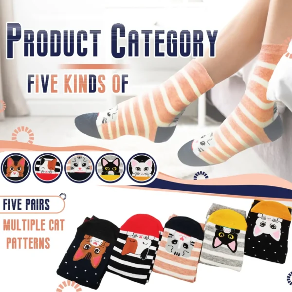 5 Pairs of Cute Cat Socks Women Cartoon Animal Crew Socks Fun Kitten Cotton Socks Gift Colorful Casual Sock Set - Image 5