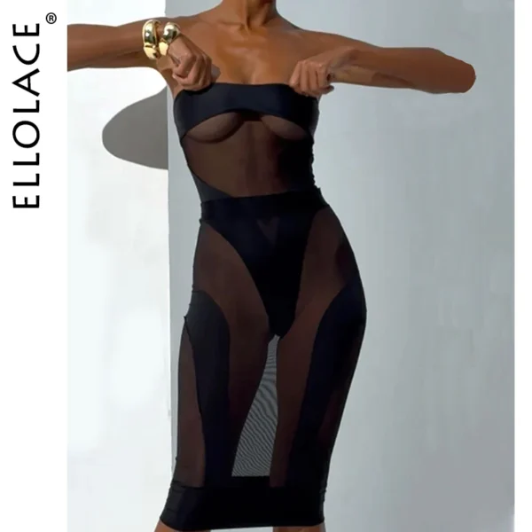 kf-S455ff2be4ee549c8b43ba9ca503f1928H Ellolace Elegant Hot Sexy Lingerie See Through Strapless Bodysuit Half Dress 2PC Set Seductive Splicing Party Queen Costume - Image 1
