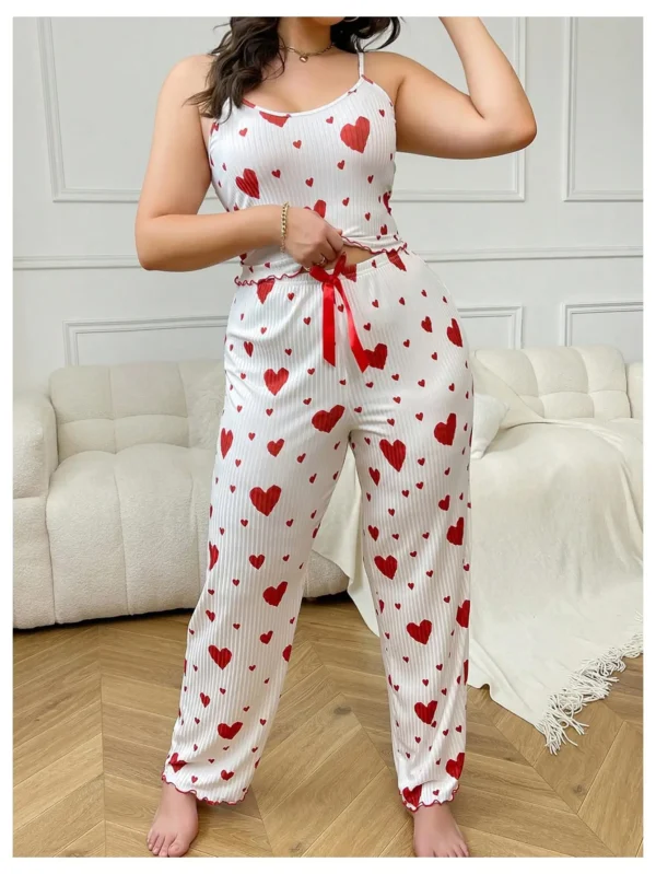 Plus Size Women Pajamas Set 2 Piece Sleeveless Vest and Trousers White Soft Breathable Sleepwear Casual Red Heart Print - Image 5