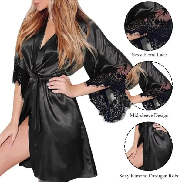 Women Night Gown Robe with G String Floral Lace Bathrobe Halt Sleeve Nightdress Female French Sexy Silky Satin Sleepwear - Image 4