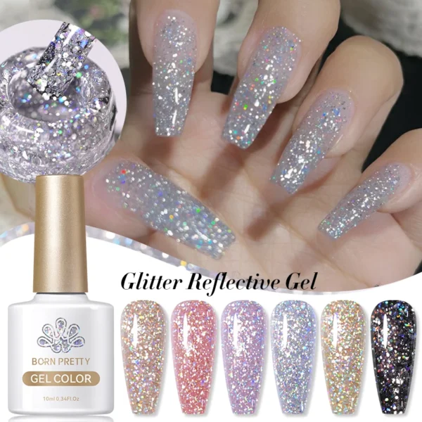 BORN PRETTY Champagne Gold Glitter Reflective Nail Gel Polish 10ml Sparkling Nail Gel Varnis Semi Permanent UV Gel Nail Art Gel - Image 5