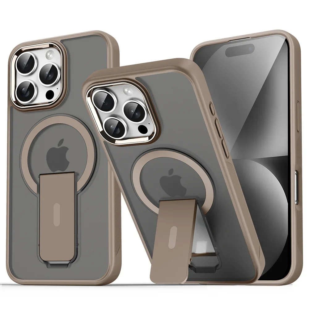 kf-S4799b821b7ac449ca0a44bac8d509a1bT Luxury For Magsafe Folding Stand Magnetic Phone Case For iPhone 16 15 14 13 12 17 Pro Max Plus Matte Translucent Back Cover Caps - Image 1