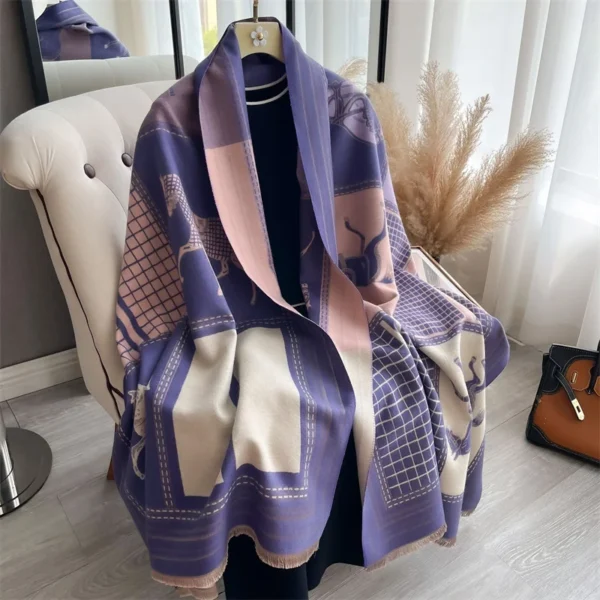 2024 Luxury Horse Print Scarf for Women Warmer Winter Cashmere Pashmina Scarves Shawls Female Thick Blanket Wraps Foulard - Image 7