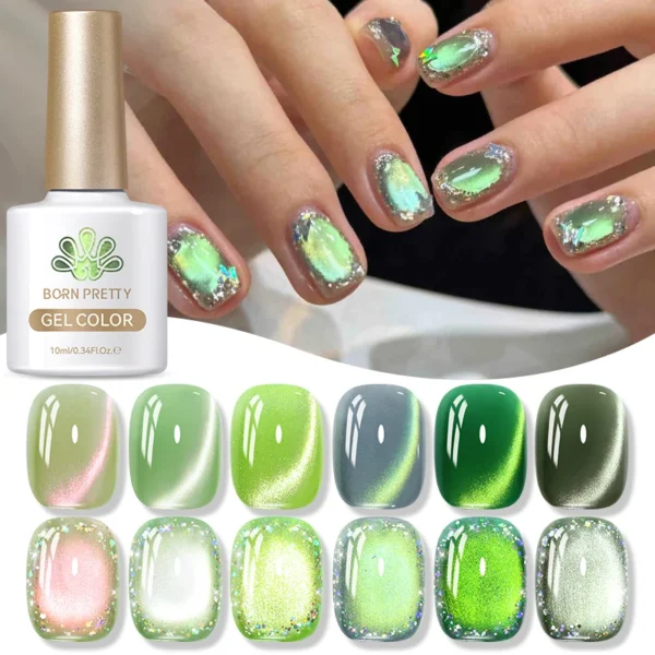 BORN PRETTY 10ml Green Summer Colored Cat Magnetic Gel Nail Polish Auroras Glitter Shine Soak Off UV Nail Art Syrup Varnish - Image 3