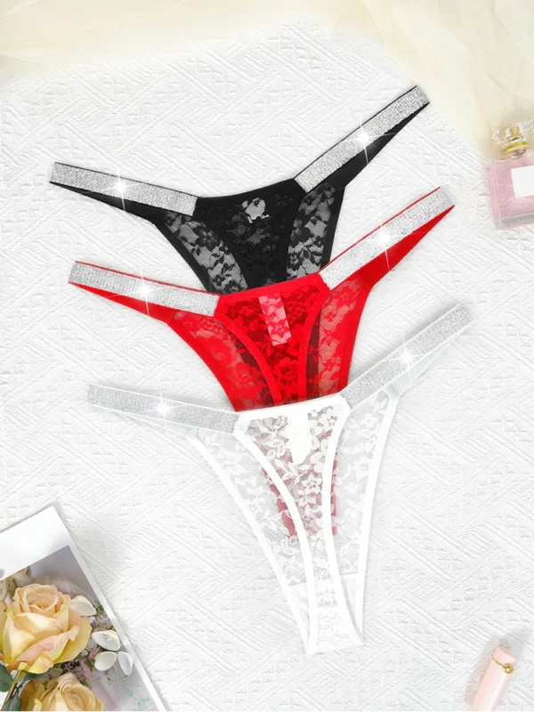 3pcs Sexy Thongs Lace Women Underwear Perspective Floral Panties Low Rise Two Shiny Belts G-string Comfortable Intimate Lingerie - Image 2