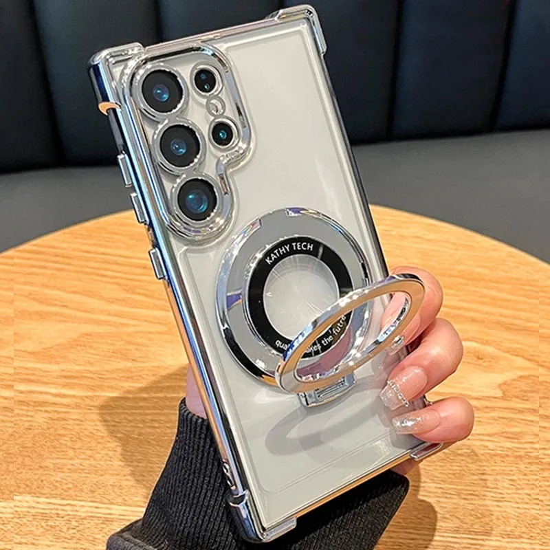 kf-S4a6e78992d00485caad3cb2ad951e1ceY Luxury Magnetic Plating Stand Shockproof Clear Case For Samsung Galaxy S25 S24 Ultra S23 S22 Note 20 10 Plus Acrylic Back Cover - Image 1