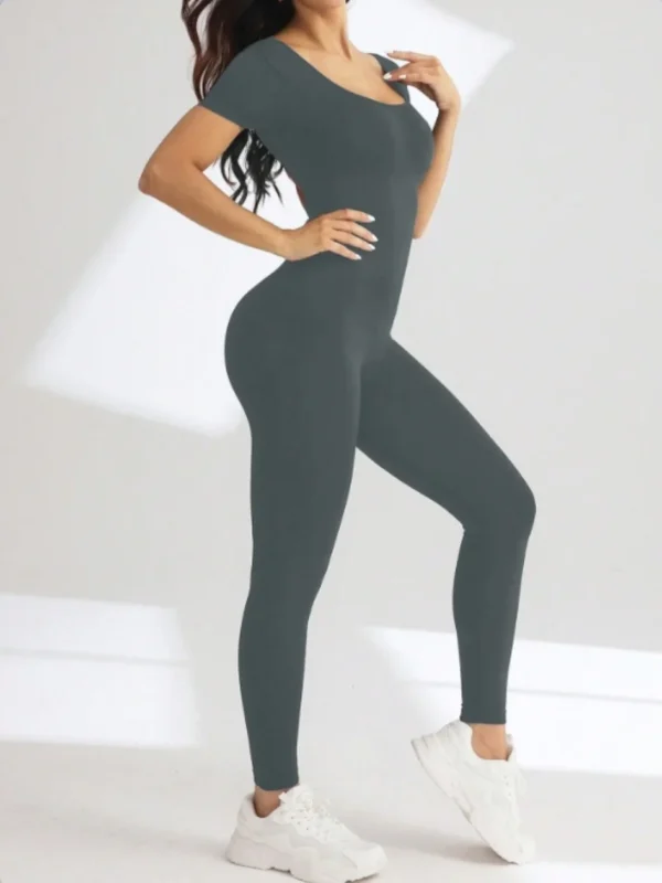 One piece seamless spandex U-neck short sleeved bodysuit with hip lifting, gym clothing, women's fitness jumpsuit - Image 4