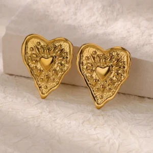 Stainless Steel Irregular Heart Texture Stud Earring for Women Gold Color Heart Wedding Aesthetic Earring Jewelry Accessories