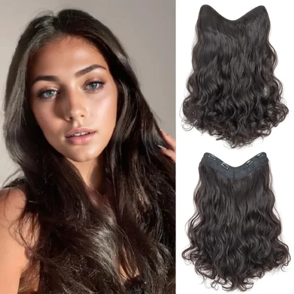 20Inch Synthetic Long Wavy Curly 4 Clip in Hair Extension V-shaped Heat Resistant Black Blonde Hairpiece for Women - Image 1