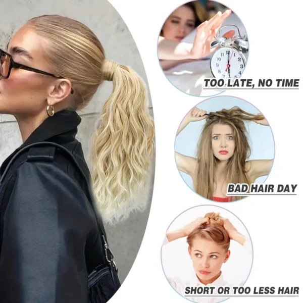 Synthetic 14Inch Wavy Curly Wrap Around Clip Ponytail Hair Extension Black Blonde Fake Hairpiece for Women - Image 5