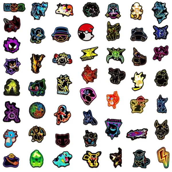 50pcs Anime Neon Pokemon Stickers Pikachu Cartoon Decals Waterproof DIY Phone Skateboard Laptop Cool Cute Sticker for Kids Toy - Image 6
