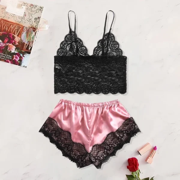 Sexy Lace Pajama Set for Women 2Pcs Summer Sleepwear Lingerie Nightwear Black Lace Cami Top with Pink Shorts Comfortable - Image 3