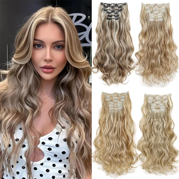 Synthetic 24Inch 16Clips Long Curly Hair Extension Heat Resistant Hair Extension Clips In Ombre Black Brown Blond Women - Image 1