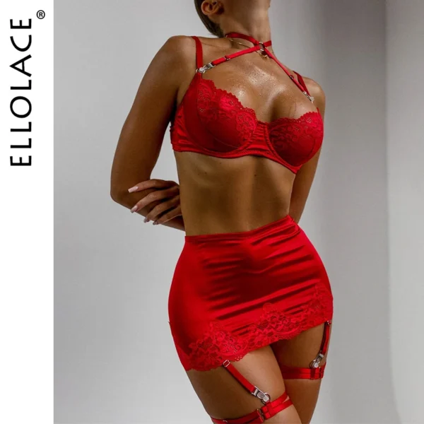 Ellolace Lace Lingeries Sexy Hot Halter Bra Heart g-String Thongs Sissy Erotic Garter Ensemble Exotic Sets Romantic Underwear - Image 1