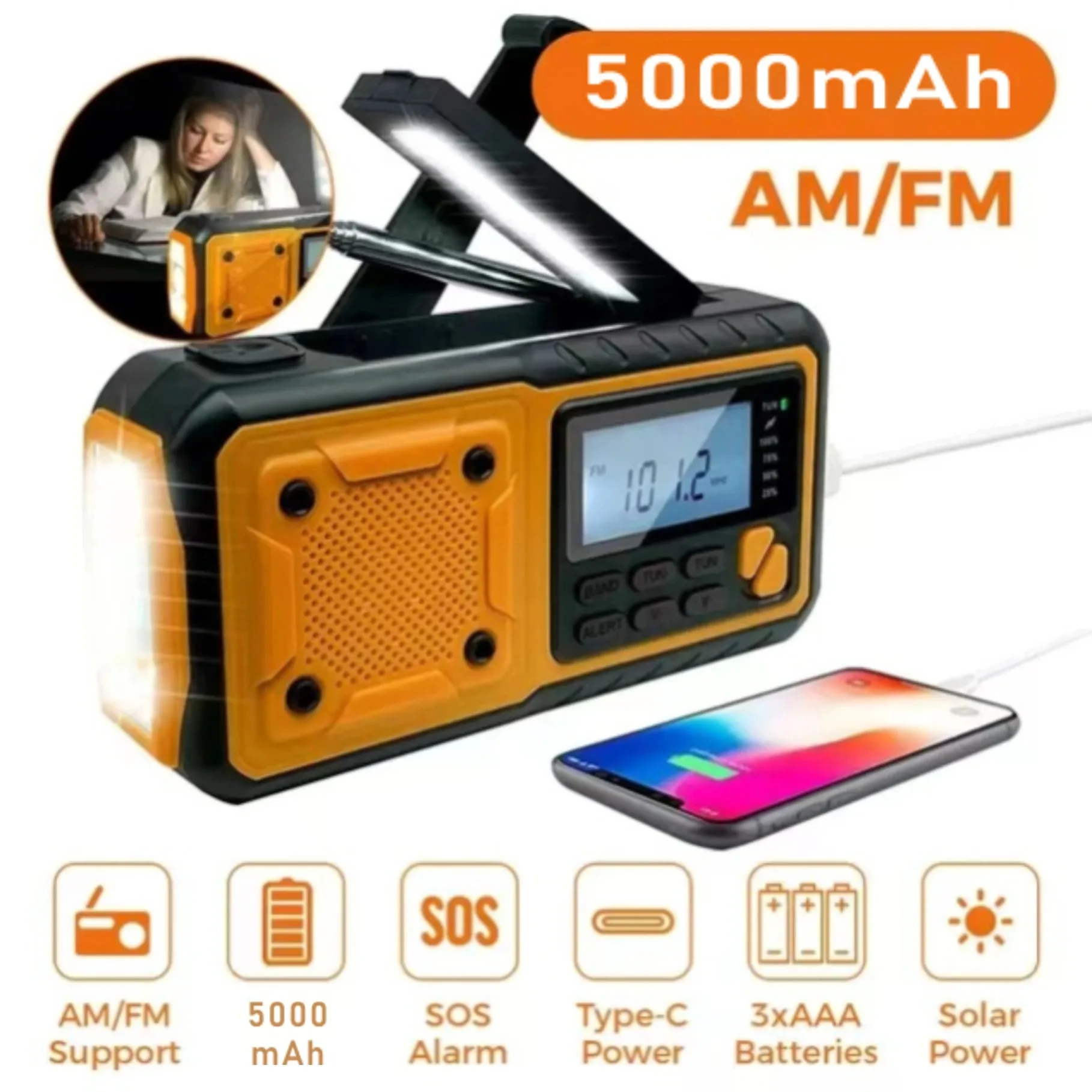 kf-S53416d00b388418cb95d6cc73af6edc5a 5000mAh Portable Emergency Solar Power Radio Hand Crank Charging AM/FM SW multi BAND Radio Led Reading Flashlight Power Bank - Image 1