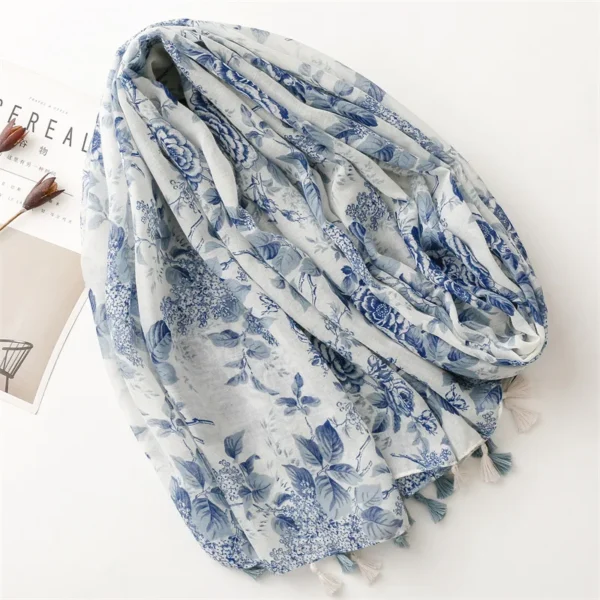 Classic Blue Flower Print Scarf Elegant Tassel Shawl Casual Windproof Head Wrap Hijab Sunscreen Travel Beach Towel For Women - Image 2