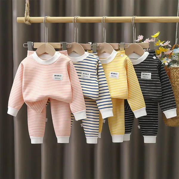 Baby Warm Clothing Set Fleece Lined Children Boys Girls Striped Underwear Sleepwear Set Ideal for Home Pajamas Autumn Winter - Image 2