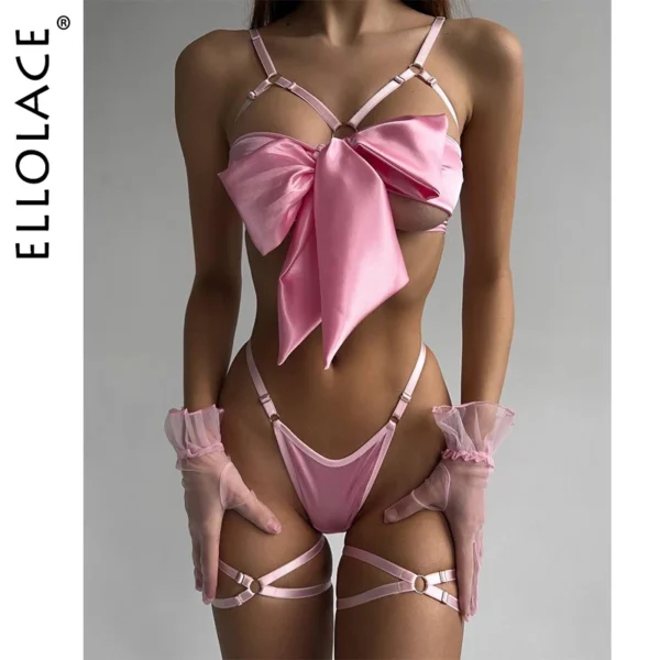 Ellolace Bowknot Lingerie Open Bra Lace Up Sexy Underwear 3-Piece Satin Erotic Outfit Young Girls Uncensored Bilizna Set Of Sex - Image 5