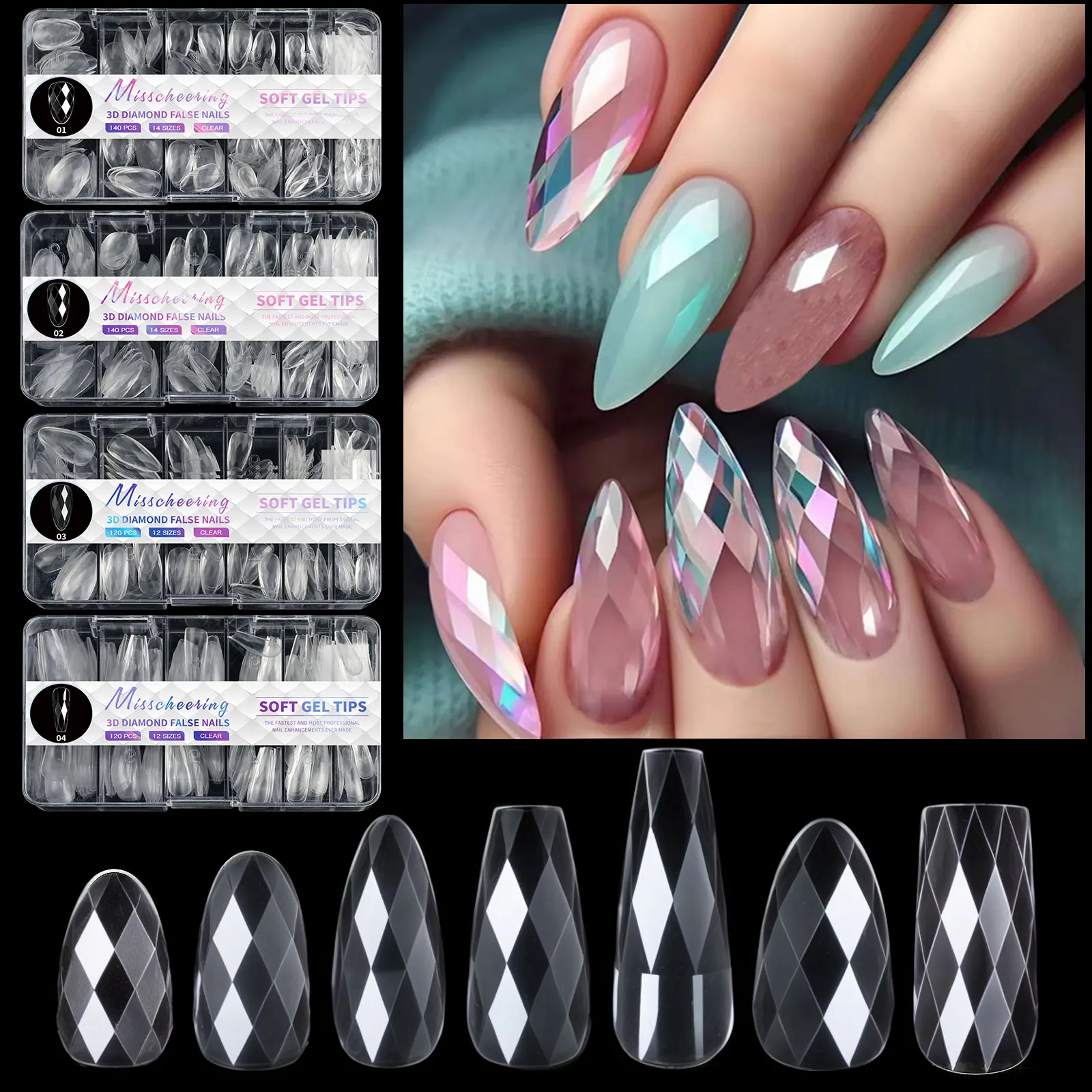 kf-S56bdb2ceed9841ddab71a6324a8d66700 120/140Pcs 3D Diamond Almond Ballet Coffin False Nails Clear Press On Nails For Acrylic Gel Reusable Fake Tips DIY Nail Supplies - Image 1