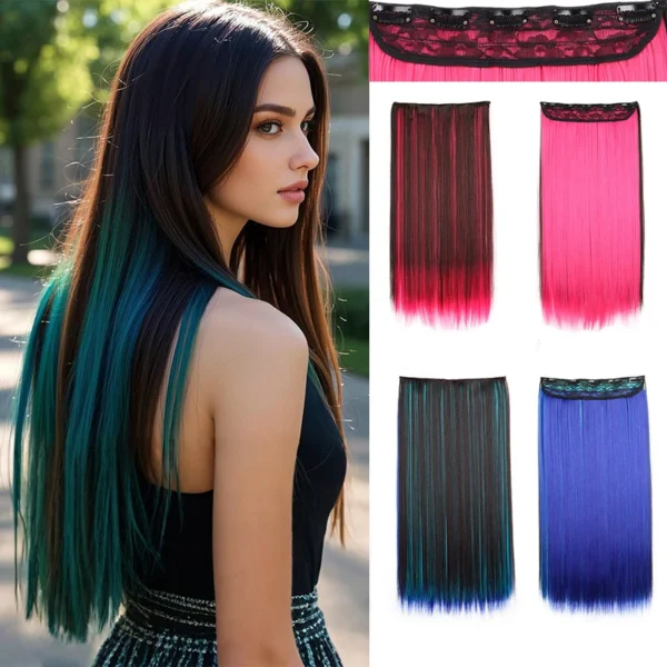 Synthetic Long Straight One Piece With 5 Clip In Hair Extensions for Women Rainbow Color Hair Accessories Halloween - Image 5