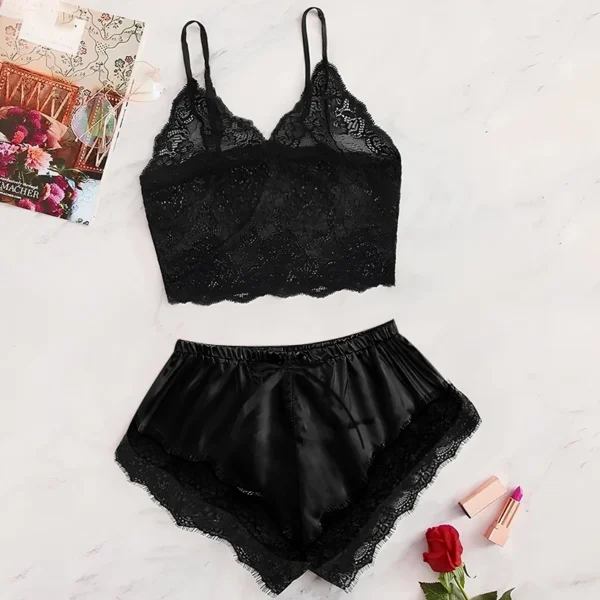 Sexy Lace Pajama Set for Women 2Pcs Summer Sleepwear Lingerie Nightwear Black Lace Cami Top with Pink Shorts Comfortable - Image 2