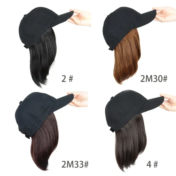 Synthetic Short Straight Bobo Hat Wigs Baseball Cap Adjustable Black Brown Hairpiece for Women - Image 2