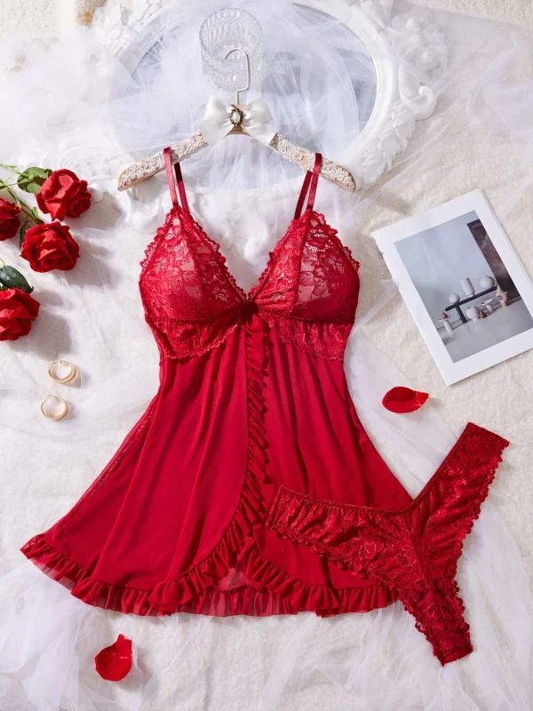 Sexy Lace Lingerie Set for Women, Red Hot Sleepwear Nightdress with Matching Panties, V-Neck Sheer Lace Camisole, Romantic Night - Image 3
