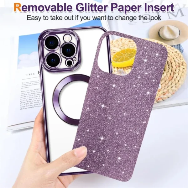 Electroplate With Lens Protector Case For iPhone 15 14 13 12 11 16 Pro Max Plus For Magsafe Wireless Charge Bumper Glitter Cover - Image 6
