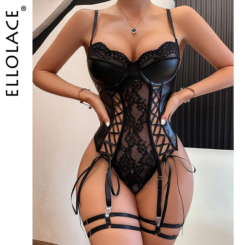 kf-S5e56528228fd4e54acba7728a5a385e0C Ellolace Leather Bodysuit Lace Patchwork See Through One Pieces Elegant Black Body Lace Up Hollow Sexy Tops Sissy Lady Clothes - Image 1