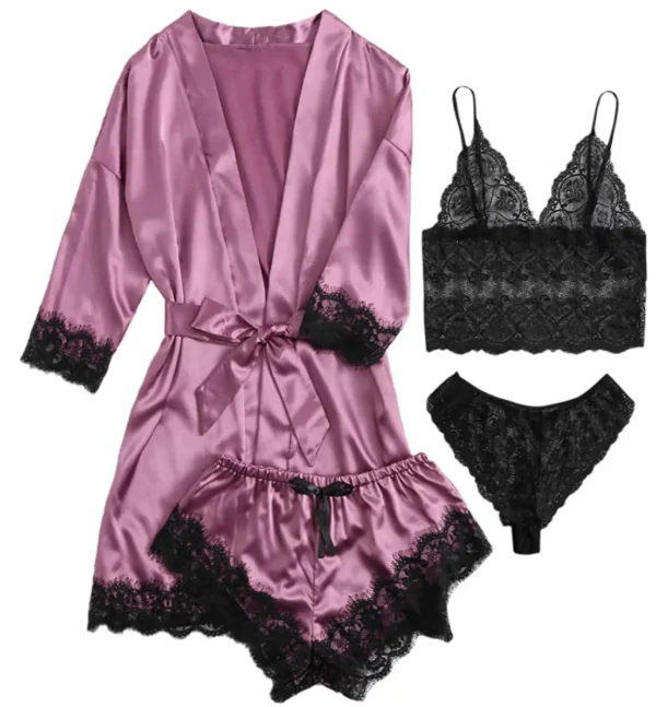 4pcs Women Striped Lingerie Set Lace Trim Robe Camisole Shorts Panties Nightwear Sleepwear Homewear Sexy Pajamas Outfit - Image 2