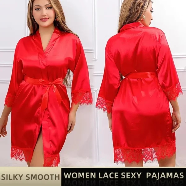 Women Ice Silk Pajamas Robes Sleepwear Nightgowns Nightdress Red Black L XL Lace Smooth Soft Comfortable Casual Pure Color - Image 4