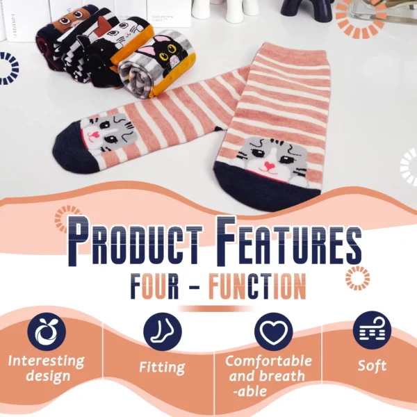 5 Pairs of Cute Cat Socks Women Cartoon Animal Crew Socks Fun Kitten Cotton Socks Gift Colorful Casual Sock Set - Image 4