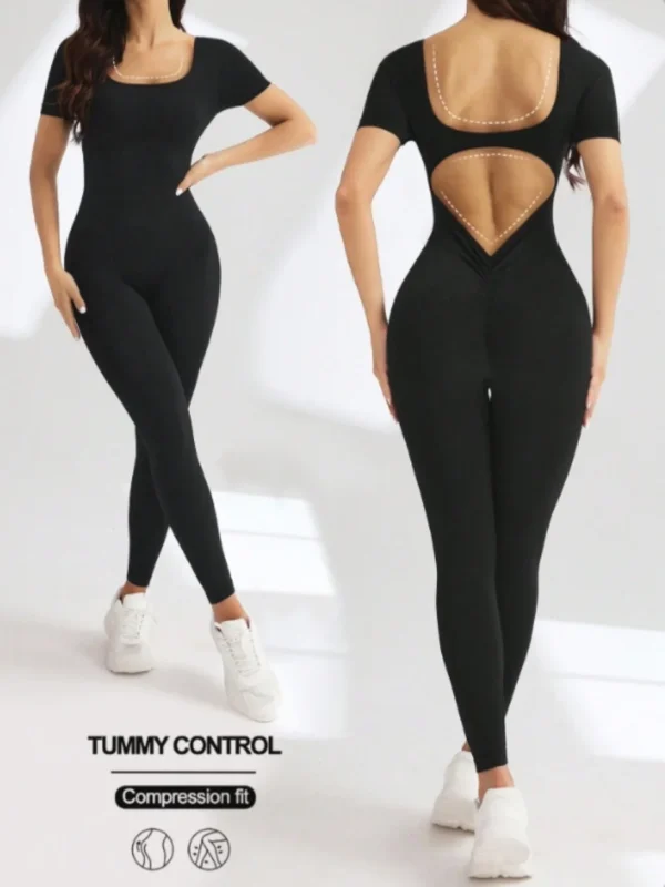 One piece seamless spandex U-neck short sleeved bodysuit with hip lifting, gym clothing, women's fitness jumpsuit - Image 7