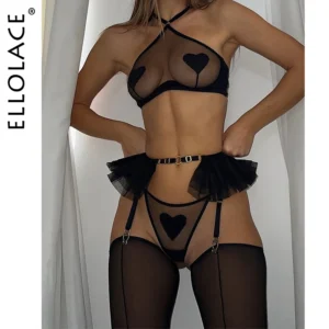 Ellolace Willowy Lingeries Sexy Hot Halter Bra Hilitos Belt 3PC Set with Stockings Seductive Heart Shaped Decor See Through Kit