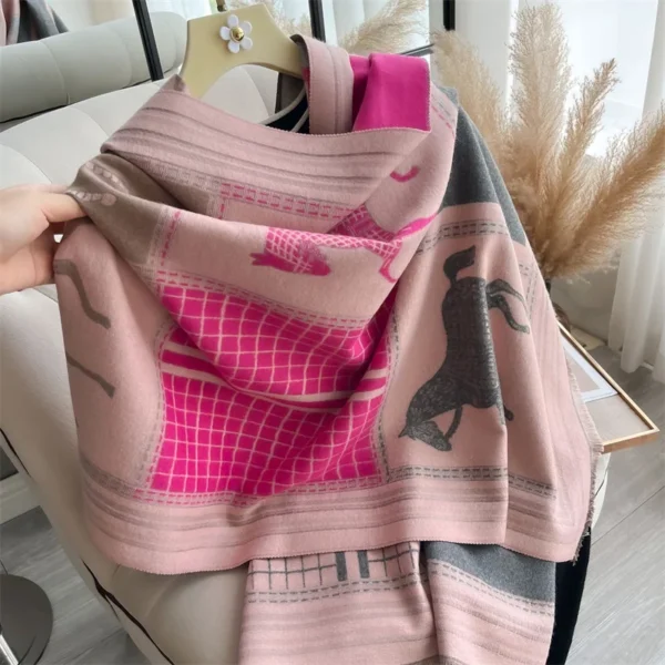 2024 Luxury Horse Print Scarf for Women Warmer Winter Cashmere Pashmina Scarves Shawls Female Thick Blanket Wraps Foulard - Image 2