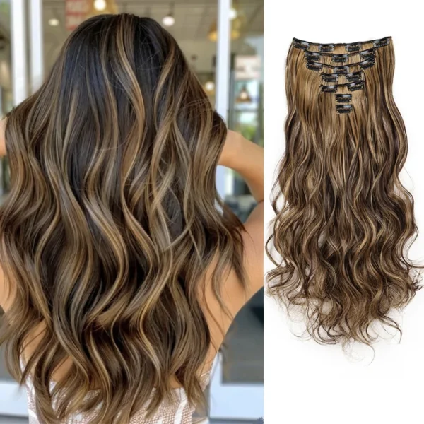 Clip In Hair Extensions 7pcs/Set Curly Long Synthetic Clip On Hairpiece Black Brown Wavy Curly Style For Women Girls - Image 1