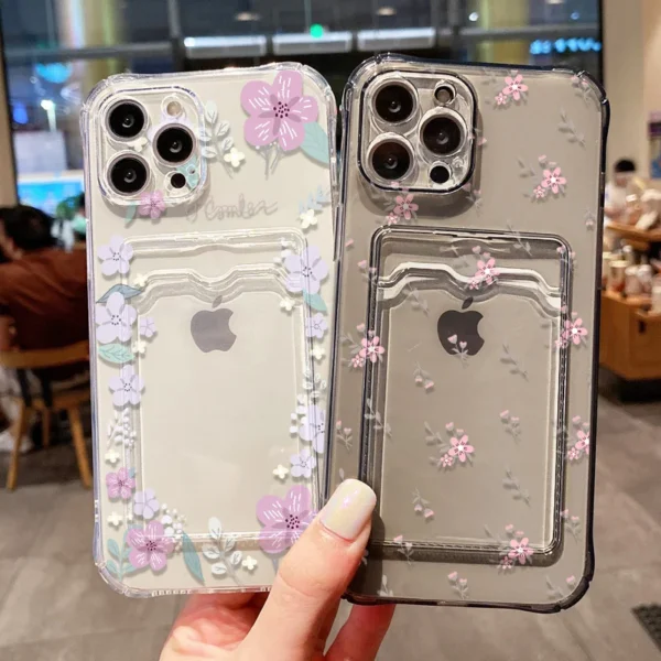 kf-S68c52a57f7b4426d9e9f3a62e48c51cdr Soft Card Slot Bag Holder Phone Case For iPhone 13 11 16e 15 12 14 17 16 Pro Max 7 Plus XR SE Aesthetic Flower Transparent Cover - Image 1