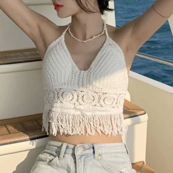 Women Crochet Halter Top Summer Beach Knit Crop Tank Fringe Boho Lace Up Backless Cami Blouse Festival Vacation Wear - Image 4