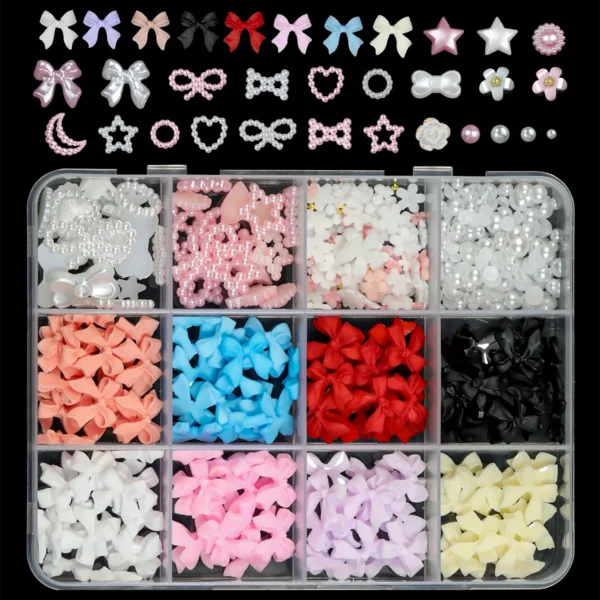 12Grids/box Mixed Resin Bowknot Nail Art Decorations 3D Acrylic Charms Kawaii Colorful Bow Rhinestone DIY Manicure Tools Parts - Image 4
