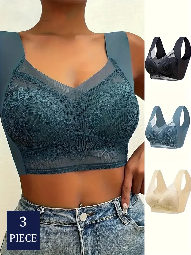 kf-S6a45478684b14bd2840bd533d867887cn 3Pcs Women Lace Bra Perspective Push Up Ice Silk Deep V Bralette Bra Sexy Lingerie Tops Plus Size Cup Mom's underwear L-5XL - Image 1