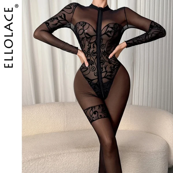 Ellolace Willowy Sexy Female Lingerie Porno Erotic Embroidered Zip Jumpsuit 2PC Set Long Sleeve Exclusive Patterns Body Thong - Image 1