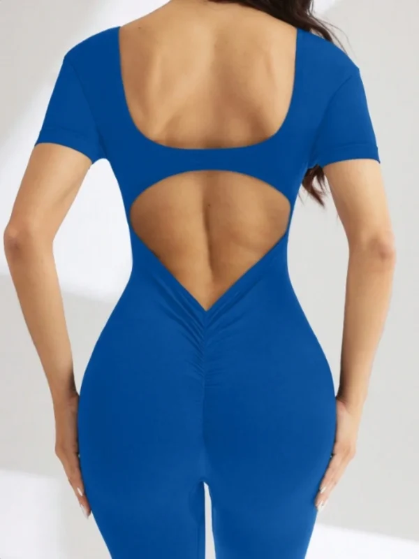 One piece seamless spandex U-neck short sleeved bodysuit with hip lifting, gym clothing, women's fitness jumpsuit - Image 6