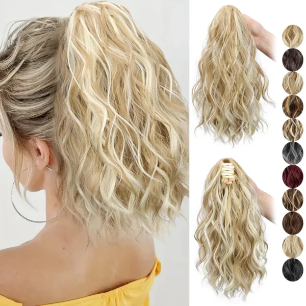 kf-S703ae54c9b56490a9b5ba939ff6abb68c 14Inch Synthetic Chic Water Wave Claw Clip Ponytail Hair Extension for Women Short Curly Claw Clip in Hairpiece - Image 1