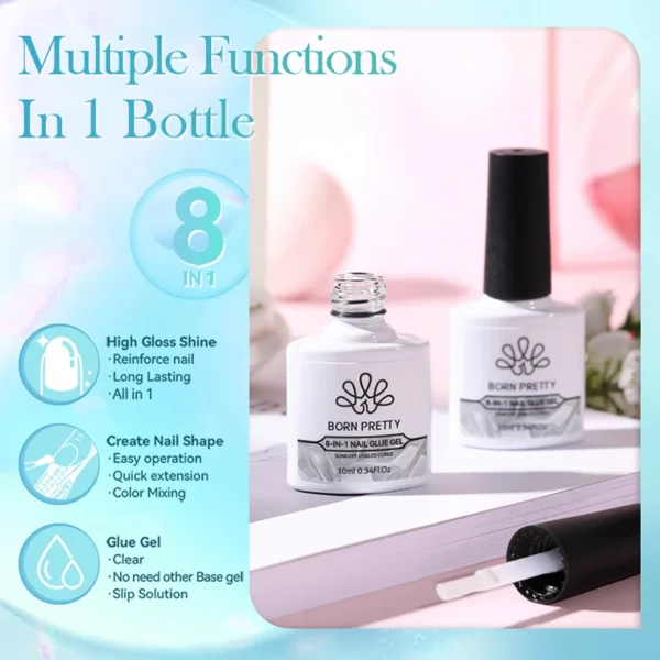 BORN PRETTY 10ML 8-in-1 Clear Glue Gel for Nail Apex and Extension Strengthener Nail Glue Gel Hard Gel Base Rhinestone Nail Gel - Image 6